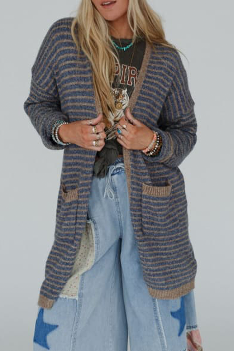 Casual Stripe Pocket Weave Contrast Cardigan Collar Outerwear