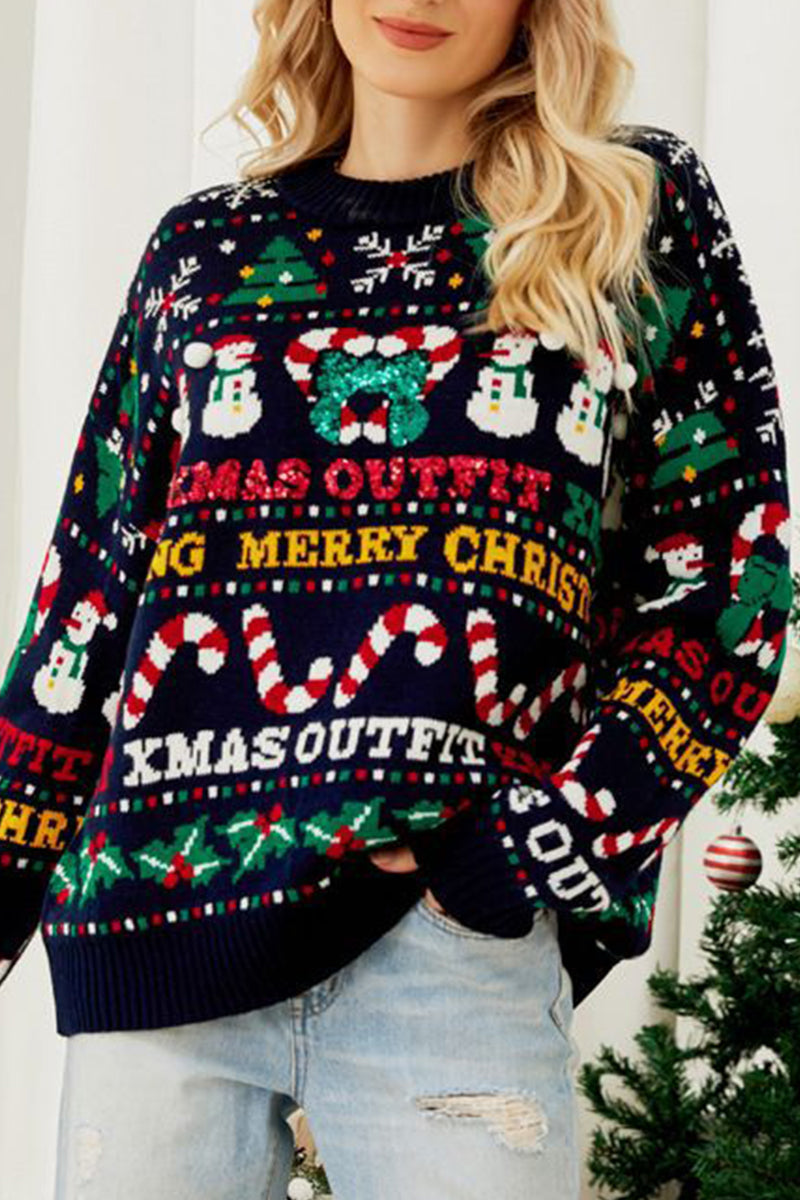 Casual Daily Snowflakes Christmas Tree Letters Weave Contrast O Neck Sweaters