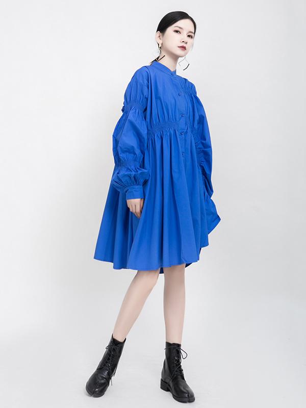 Blue Loose Pleated Cropped Blouse Dress