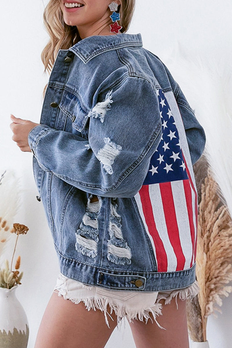 Casual Street American Flag Ripped Buttons Patchwork Turndown Collar Long Sleeve Loose Denim Jacket