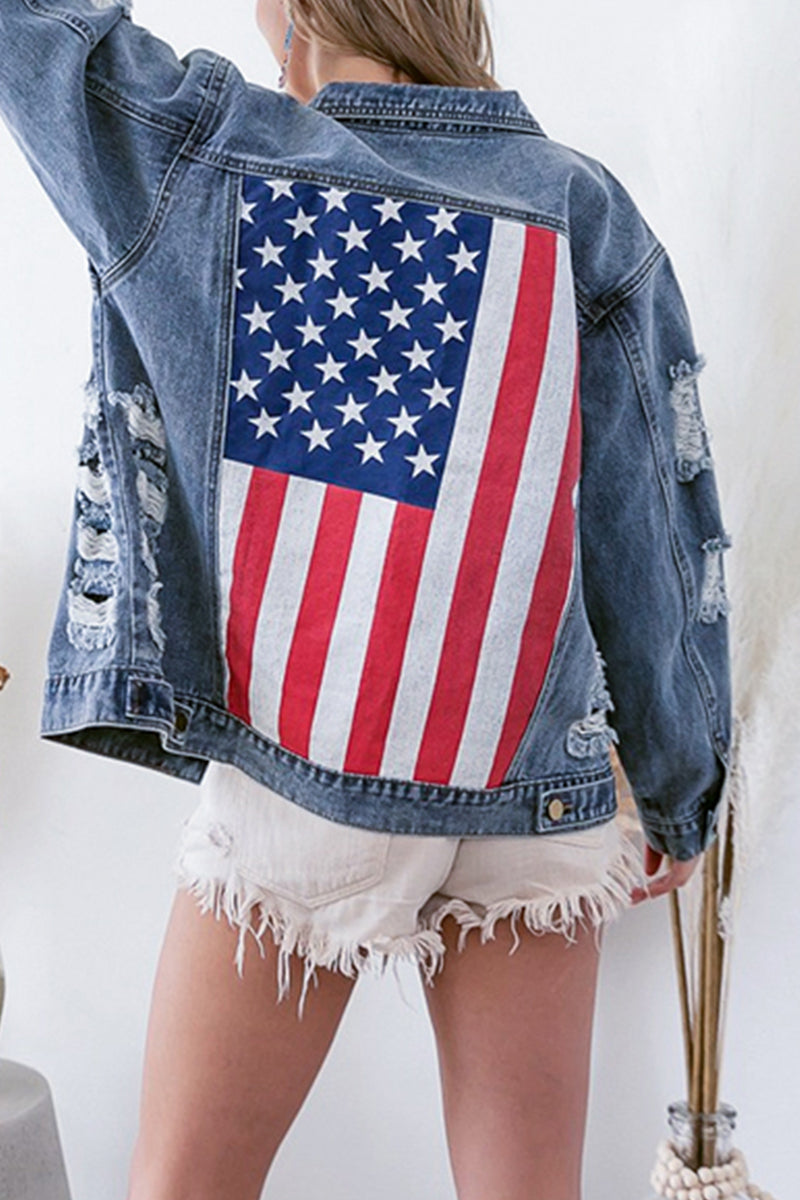 Casual Street American Flag Ripped Buttons Patchwork Turndown Collar Long Sleeve Loose Denim Jacket