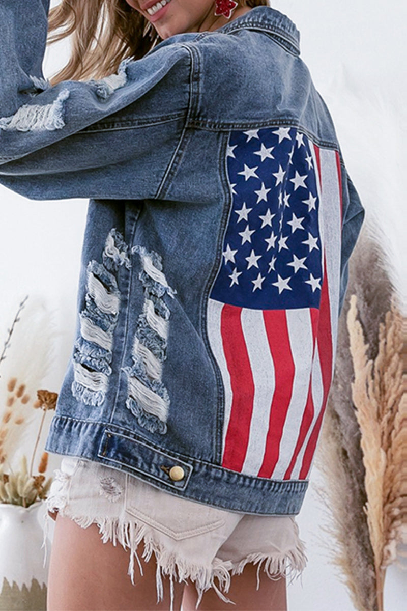 Casual Street American Flag Ripped Buttons Patchwork Turndown Collar Long Sleeve Loose Denim Jacket