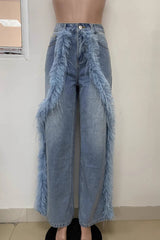 Daily Patchwork Fluffy Mid Waist Loose Denim Jeans