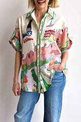 Casual Cartoon Print Buttons Contrast Turndown Collar Blouses