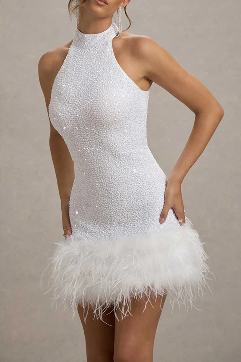 Sexy Party Sequins Zipper Feather Hemline Halter Evening Dresses