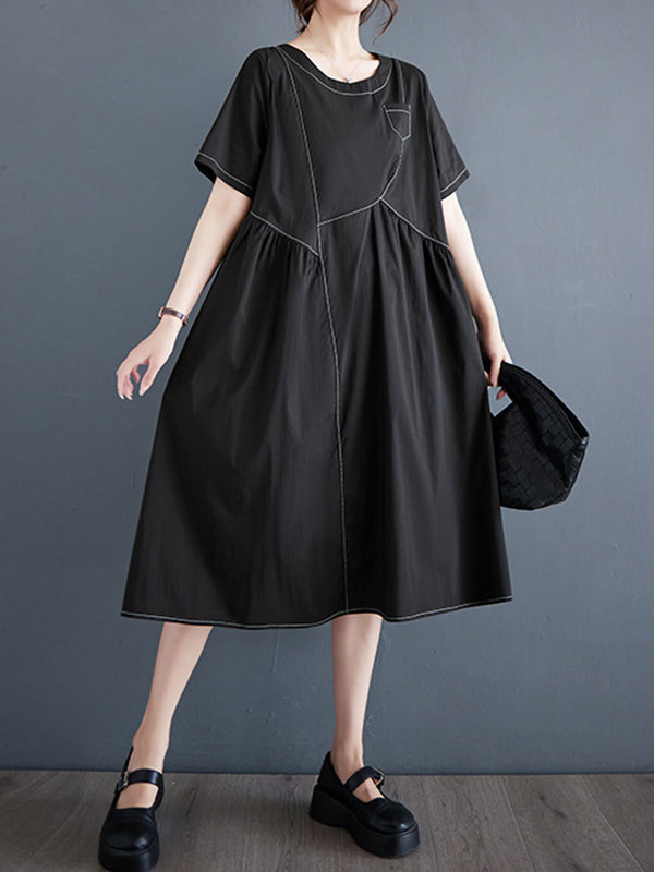 A-Line Loose Asymmetric Pleated Pockets Solid Color Split-Joint Round-Neck Midi Dresses