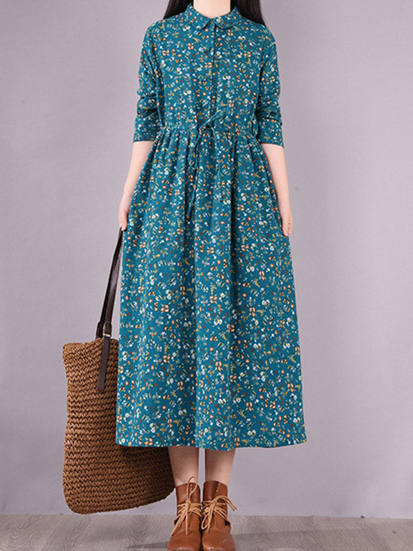 Original Lapel Frenum Floral Printed Midi Dress