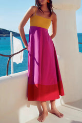 Vacation Elegant Colorblock Patchwork Contrast Square Neck Sling Dresses