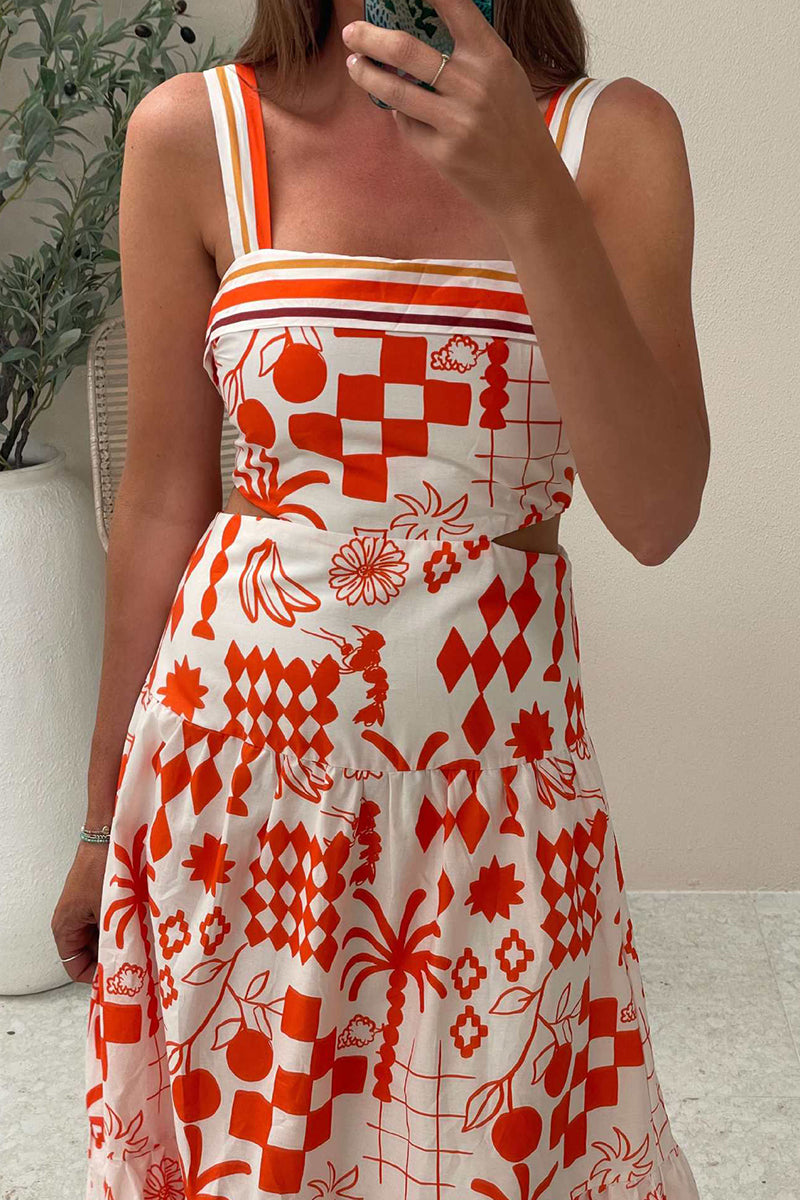 Sexy Vacation Floral Print Contrast Square Neck Sling Dresses