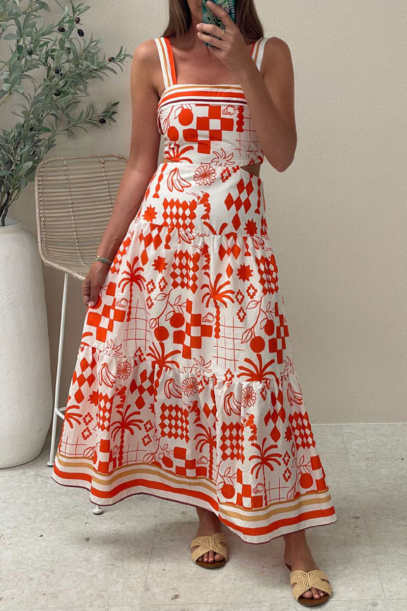 Sexy Vacation Floral Print Contrast Square Neck Sling Dresses