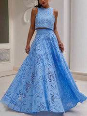 Exquisite embroidered hollow lace long A-line skirt