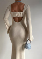 Sleek Long-Sleeve Knit Backless Dress