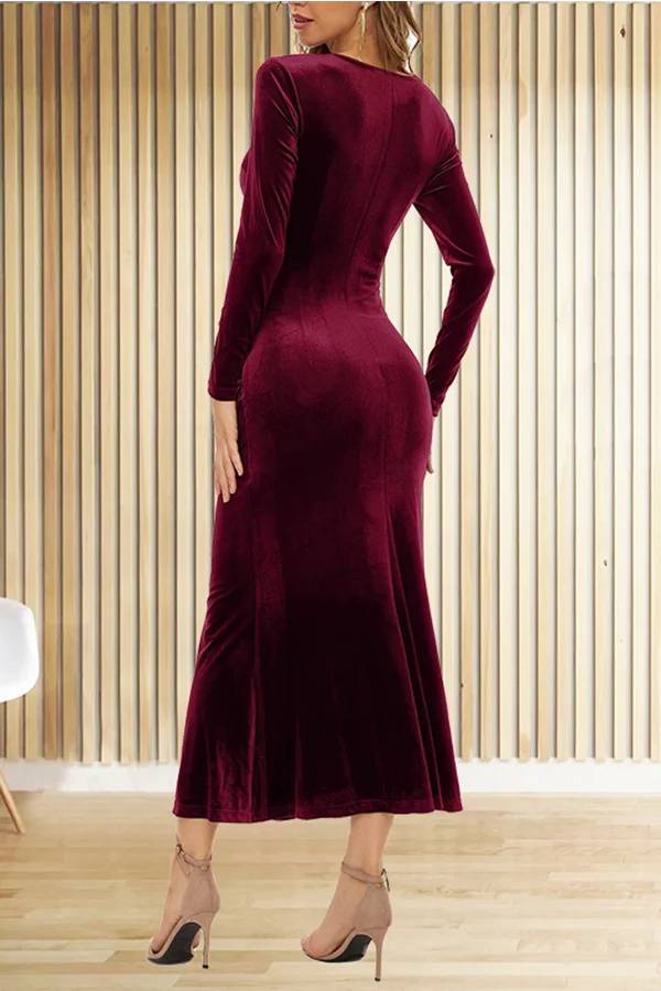 Solid Velvet Long Sleeve V Neck Slim Fit Fishtail Maxi Dress