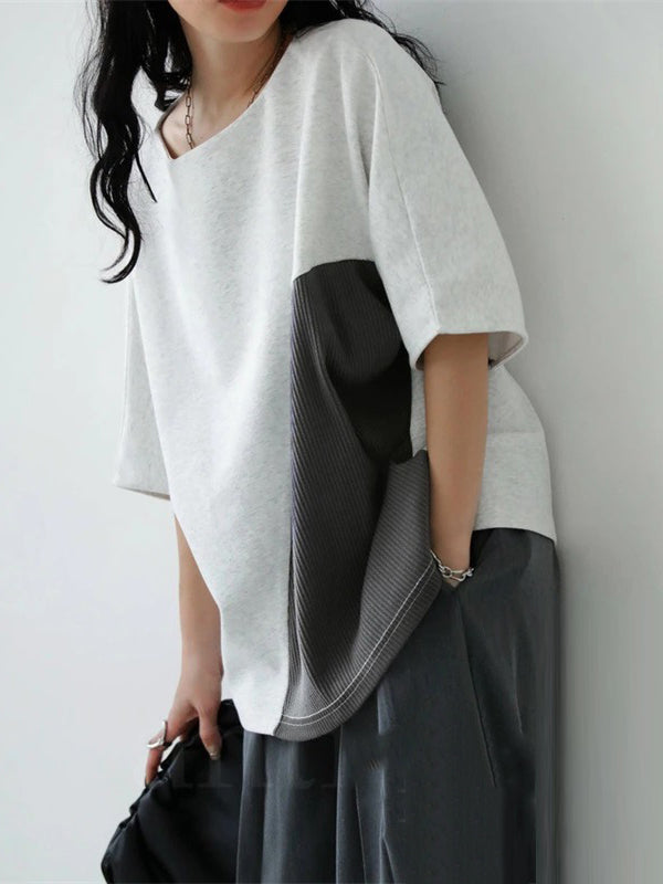 Batwing Sleeves Half Sleeves Contrast Color Round-Neck T-Shirts Tops