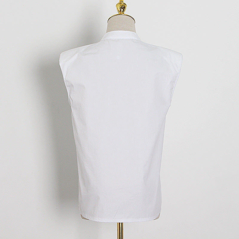 Fall Niche Design Elegant Sexy White Padded Shoulder Sleeveless Collared Shirt Top