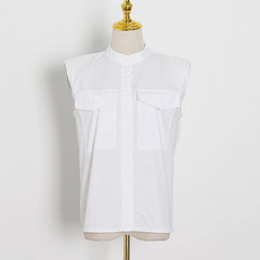 Fall Niche Design Elegant Sexy White Padded Shoulder Sleeveless Collared Shirt Top