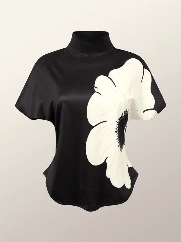 Short Sleeves Skinny Flower Print High Neck T-Shirts Tops