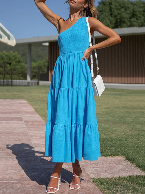 Loose Pleated Solid Color One-Shoulder Midi Dresses