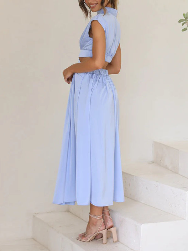 Cap Sleeve Belly-Hollow Pleated Solid Color Stand Collar Maxi Dresses