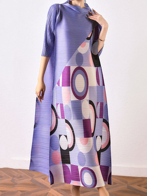 Fashion Loose Geometric Printed Pleated Midi Dress