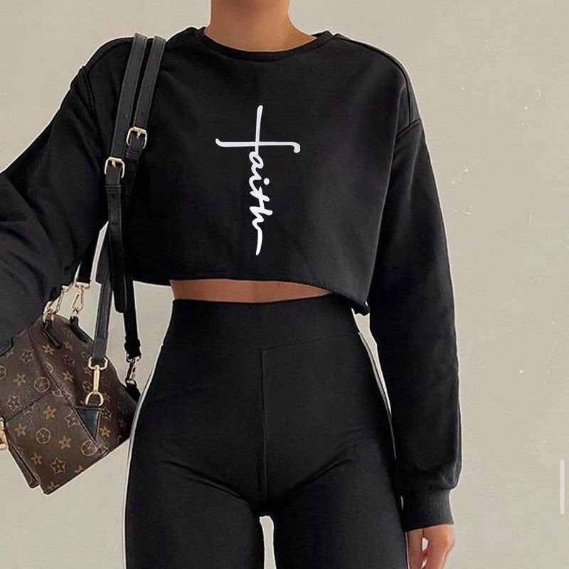 Street Autumn Winter Women Wear Sweater Letter Graphic Print Cropped Long Sleeves Round Neck Top Women