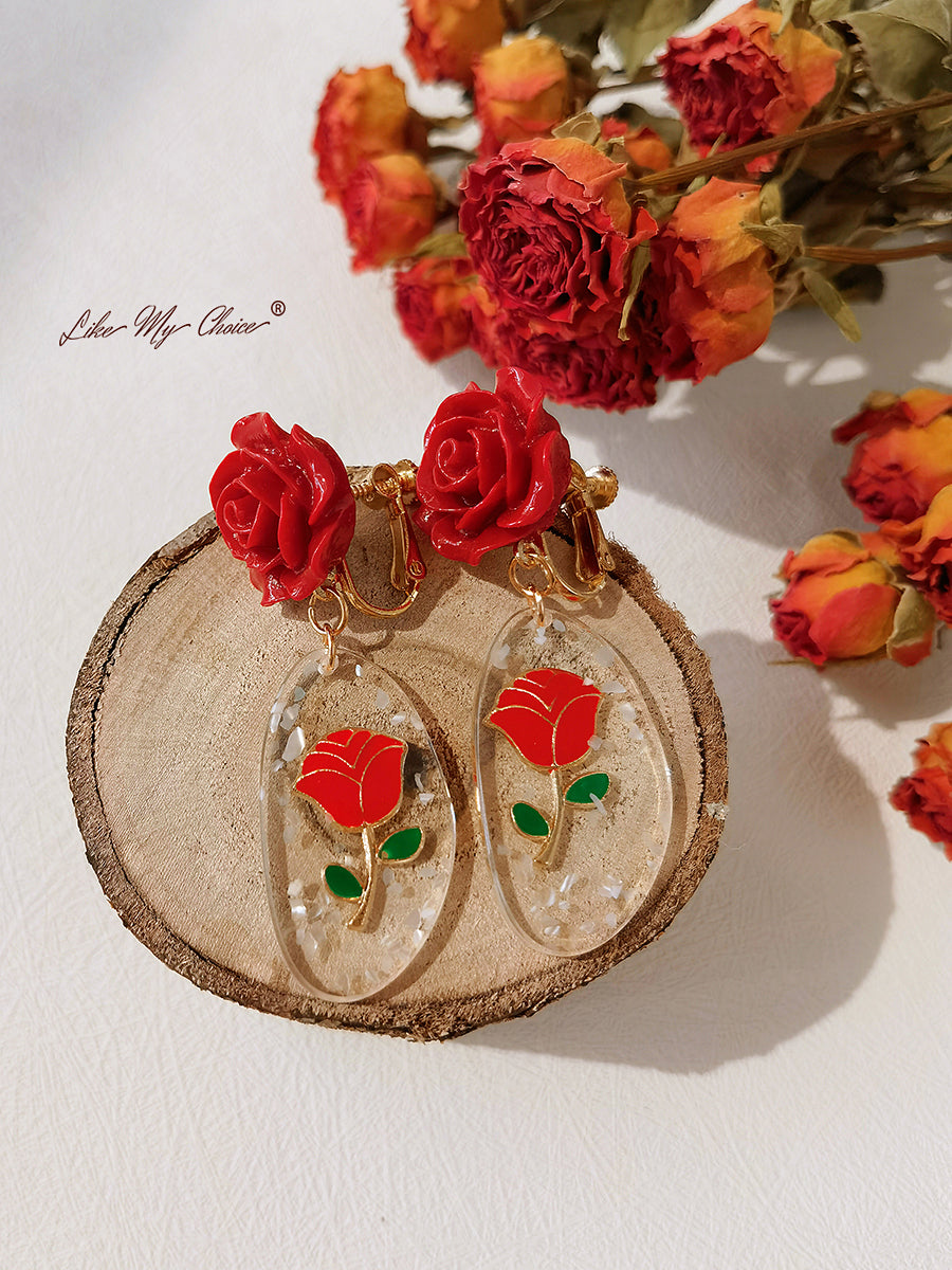 Victorian Inspired Romantic Red Rose Earrings