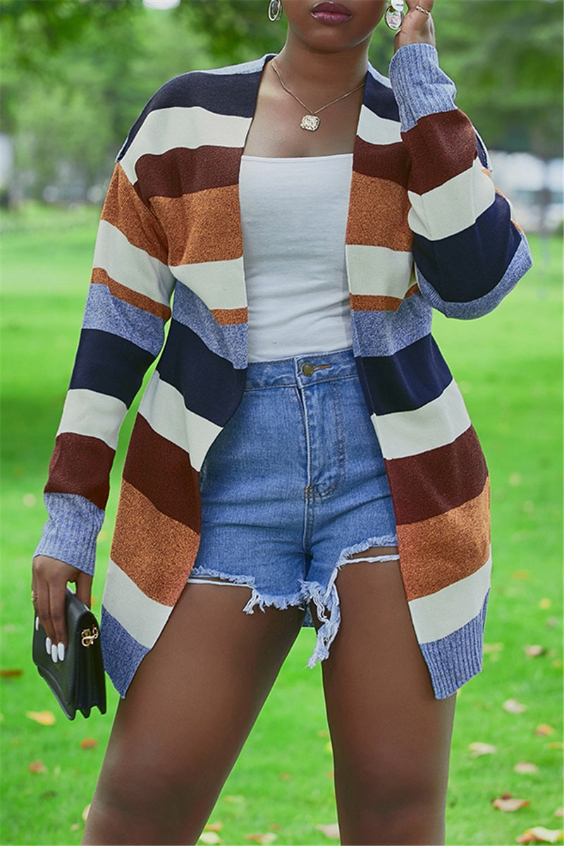 Women Fashion Autumn And Winter Striped Cardigan Coat