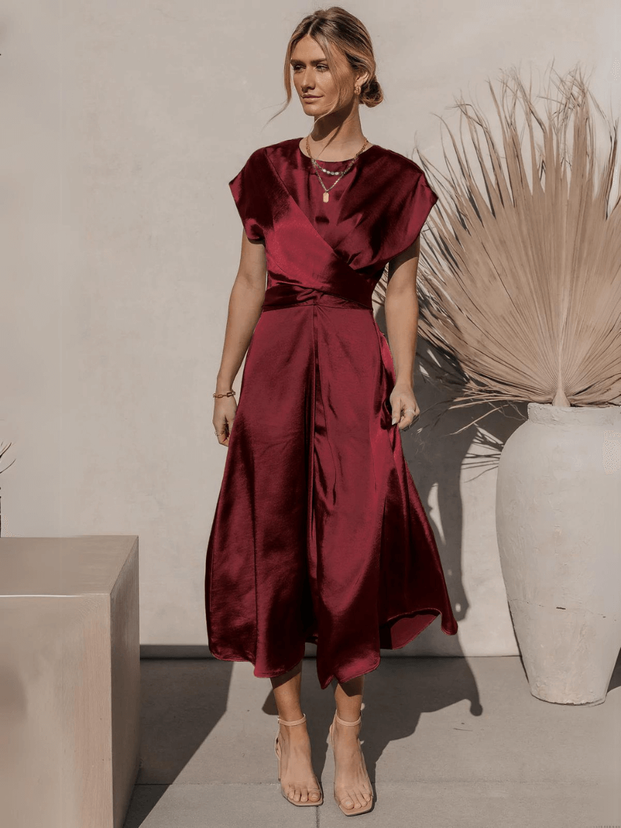 Theia Satin Short Sleeve Midi Dress - Burgundy