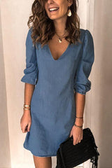 Chicindress Casual V Neck Elastic Cuff Sleeve Mini Dress(4 Colors)