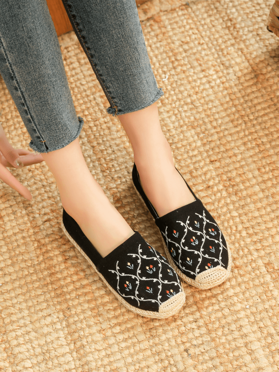 CACTUS ROSE | TWIN FLOWER EMBROIDERED LINEN ESPADRILLES - BLACK