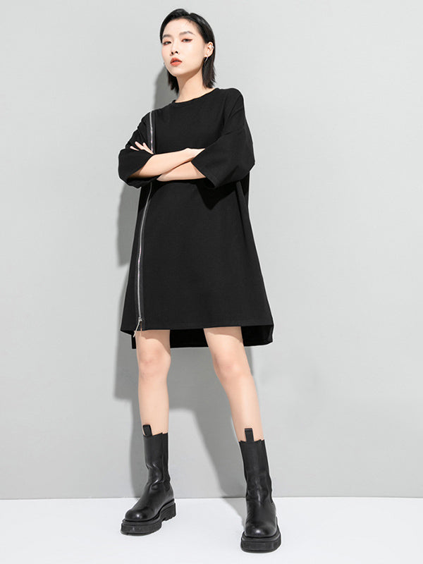 Original Black Zipper Batwing Sleeve Round-Neck Mini Dress