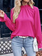 Flared Sleeves Long Sleeves Elasticity Pleated Solid Color Mock Neck Blouses&Shirts Tops