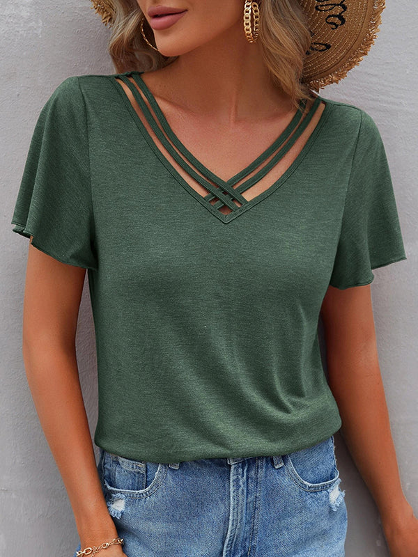 Loose Plus Size Hollow Solid Color Split-Joint V-Neck T-Shirts Tops