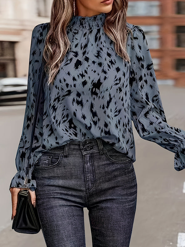 Flared Sleeves Long Sleeves Elasticity Pleated Printed Mock Neck Blouses&Shirts Tops