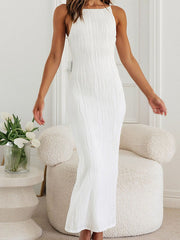 Bodycon Sleeveless Pleated Solid Color Split-Back Split-Joint Zipper Spaghetti-Neck Maxi Dresses