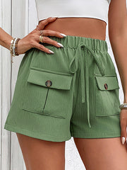 High Waisted Loose Buttoned Drawstring Elasticity Pockets Solid Color Shorts Bottoms