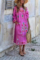 Printed Cotton and Linen Long-sleeved Dress