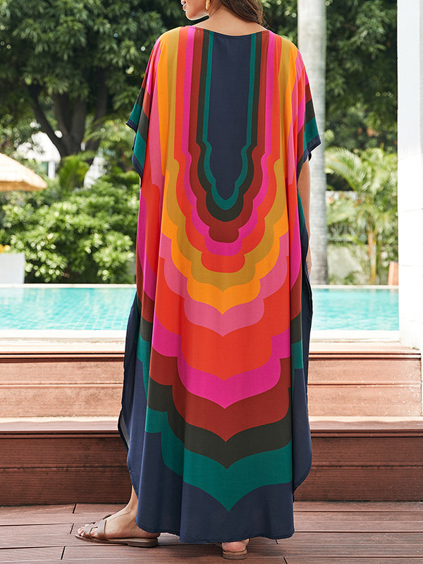 Batwing Sleeves Loose Contrast Color Printed Sun Protection Round-Neck Maxi Dresses