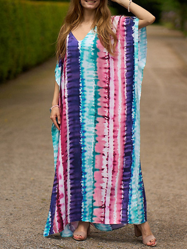 Batwing Sleeves Loose Contrast Color Printed Split-Side V-Neck Beach Cover-Up Maxi Dresses