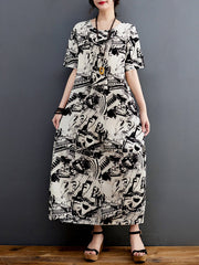 Half Sleeves Loose Abstract Printed Round-Neck Midi Dresses