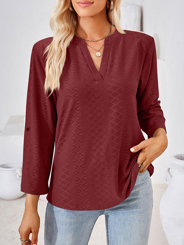 Loose Three-Quarter Sleeves Jacquard Solid Color V-Neck T-Shirts