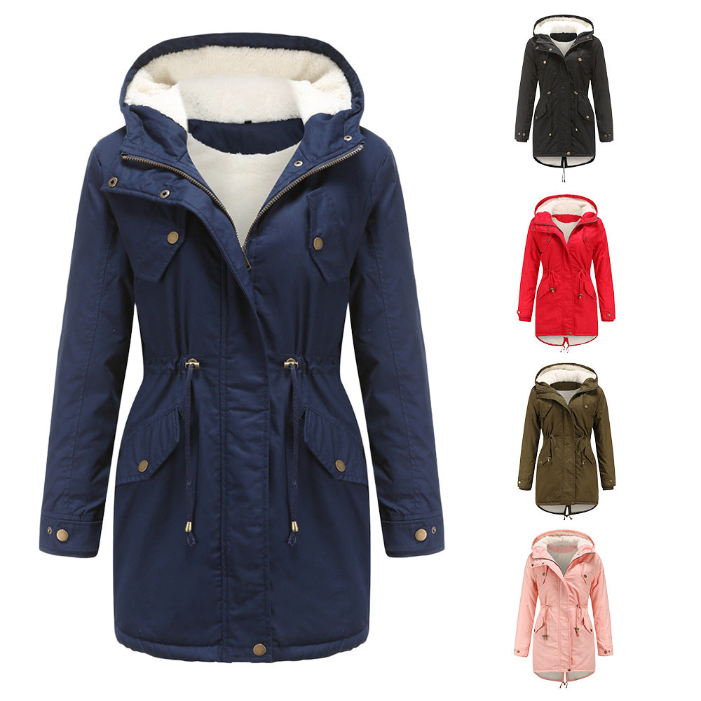 Size Autumn Winter New Women  Cotton-Padded Coat Women Solid Color Hooded Drawstring Cinched Thickening Cotton-Padded Coat Velvet Cotton Clothes