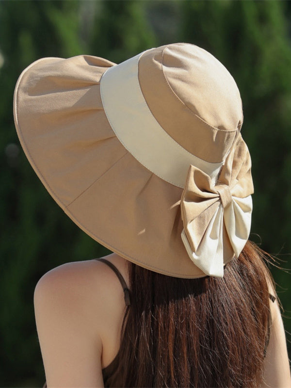 Bowknot Contrast Color Pleated Split-Joint Fisherman Hat Sun Hat