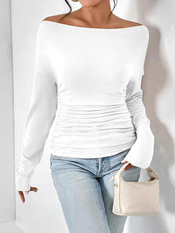 Long Sleeves Skinny Solid Color One-Shoulder T-Shirts Tops