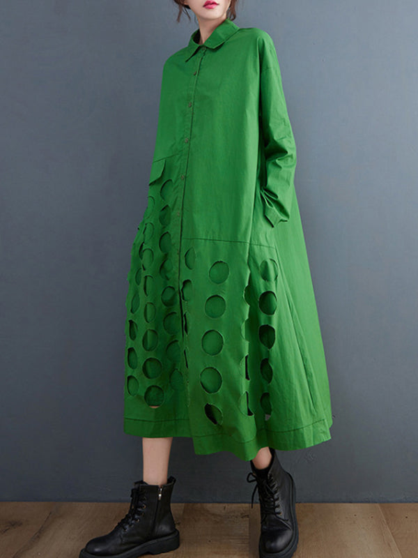 A-Line Long Sleeves Asymmetric Hollow Polka-Dot Solid Color Lapel Midi Dresses