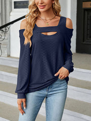 Long Sleeves Loose Hollow Jacquard Solid Color U-Neck T-Shirts Tops