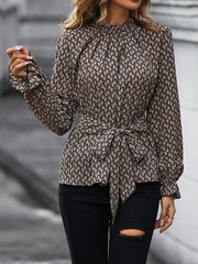 Long Sleeves Bandage Belted Leopard Printed Round-Neck Blouses&Shirts Tops