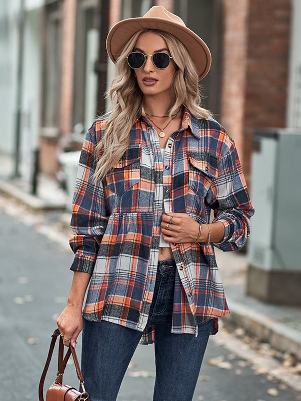 Vintage Loose Checkered Lapel Blouses&Shirts Tops