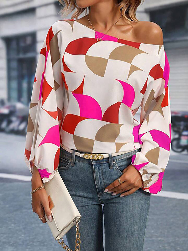 Long Sleeves Loose Asymmetric Elasticity Printed One-Shoulder Blouses&Shirts Tops