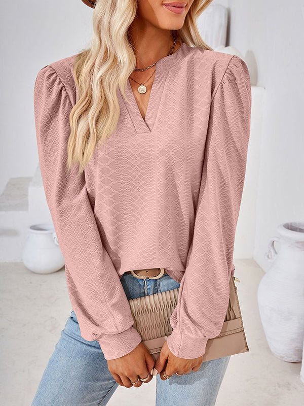 Long Sleeves Loose Jacquard Solid Color V-neck T-Shirts Tops